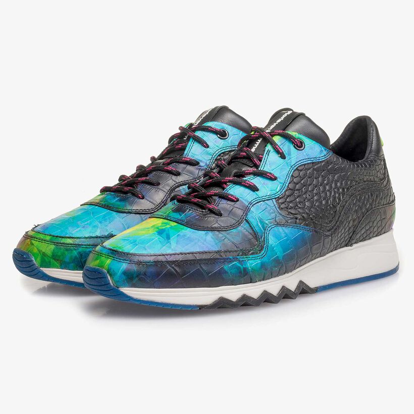 Multi-coloured croco print calf leather sneaker