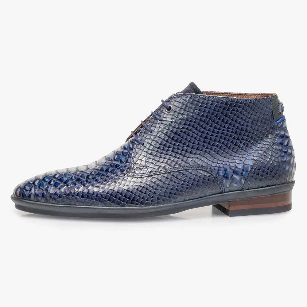Blauwe kalfsleren veterschoen met snakeprint