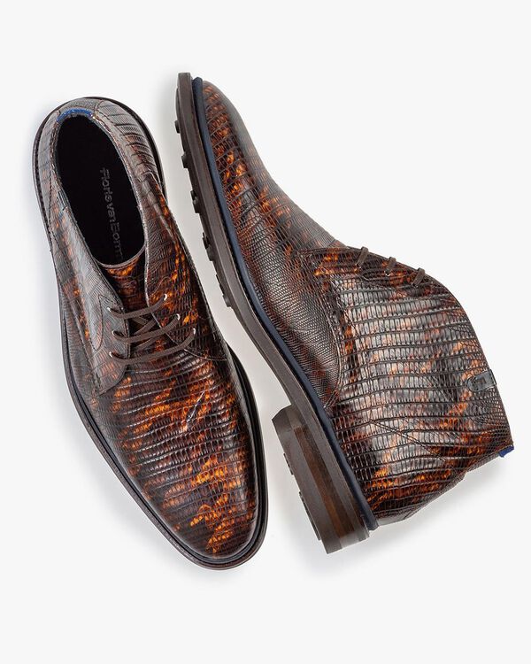 Lace boot lizard print cognac