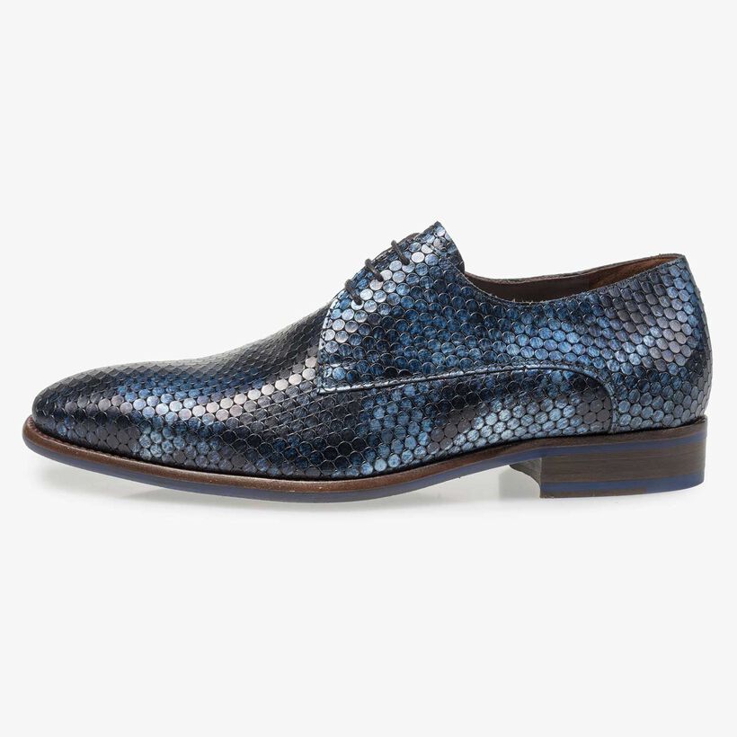 Blauwe metallic print leren veterschoen