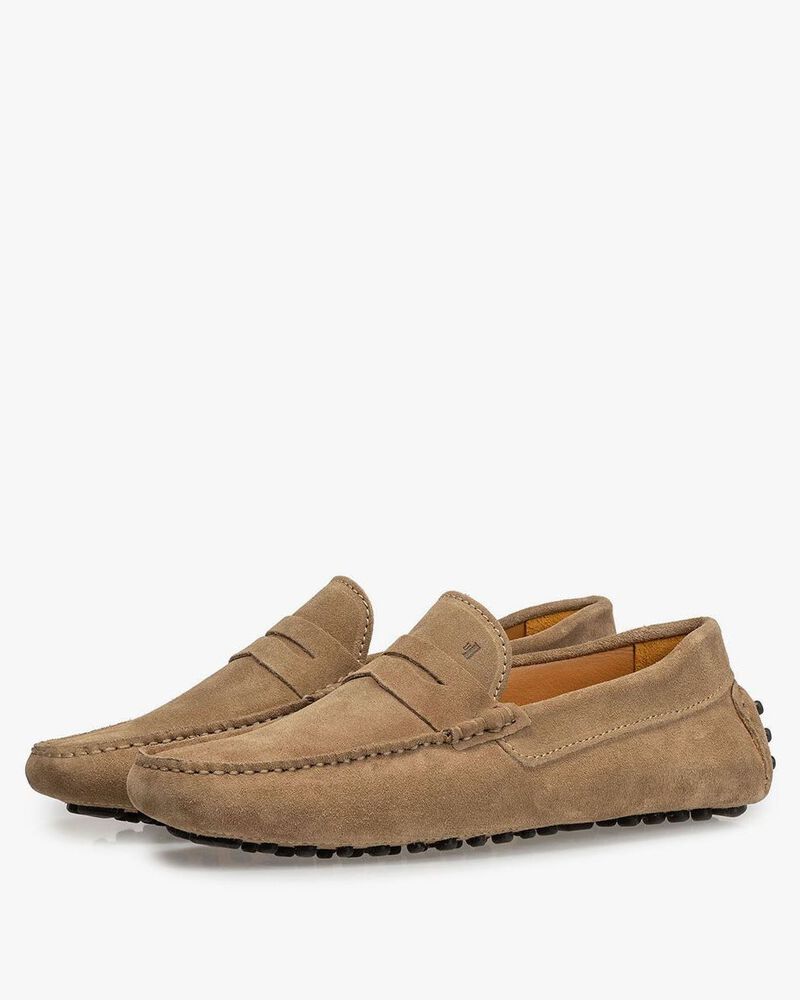 Taupe-coloured suede leather moccasin