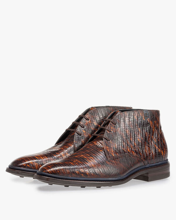 Lace boot lizard print cognac
