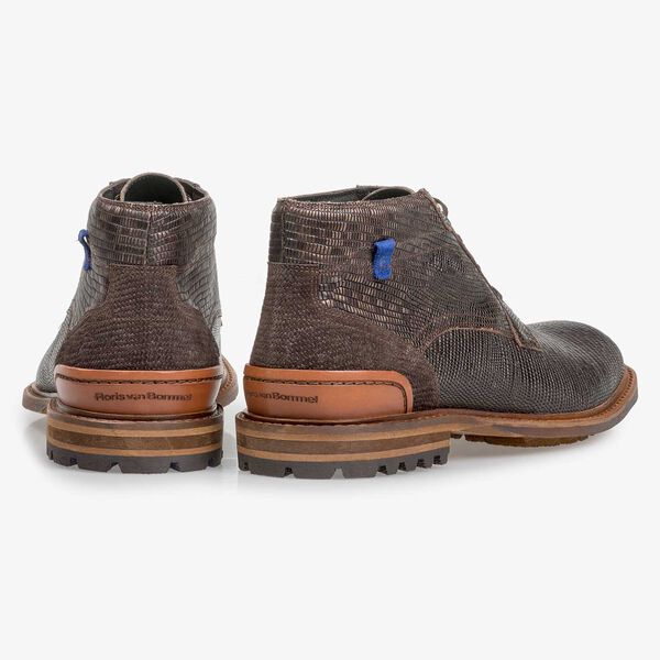 Donkerbruine leren veterboot met lizardprint