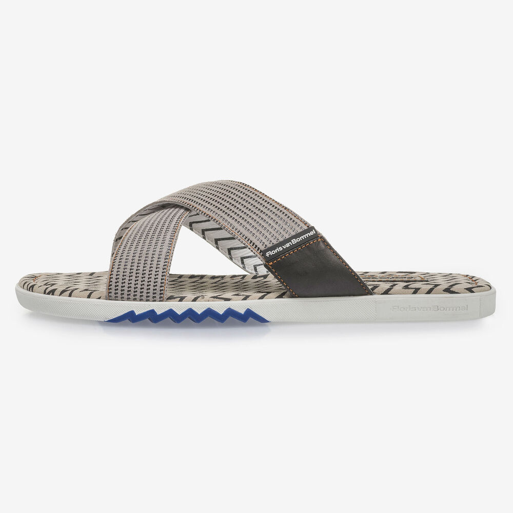 Beige suede leather cross strap slipper with print