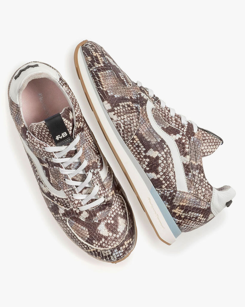 Brown and white sneaker snake print