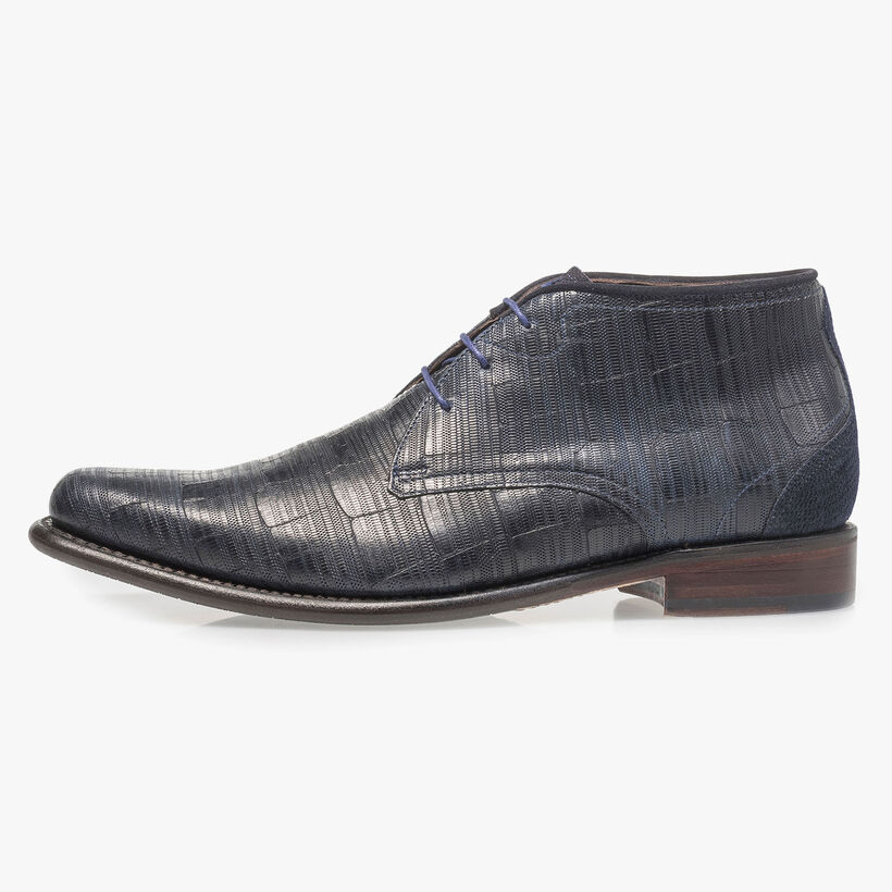 Blauwe leren veterboot met print
