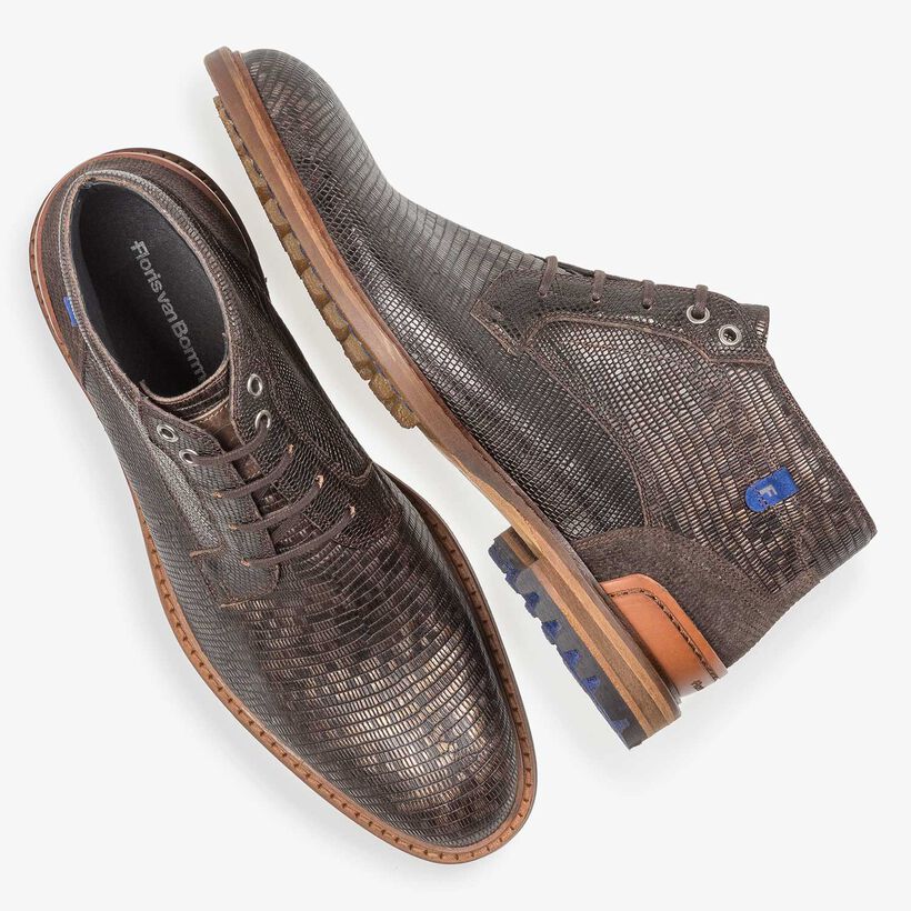 Donkerbruine leren veterboot met lizardprint