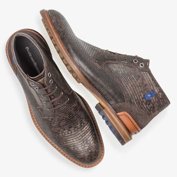 Donkerbruine leren veterboot met lizardprint