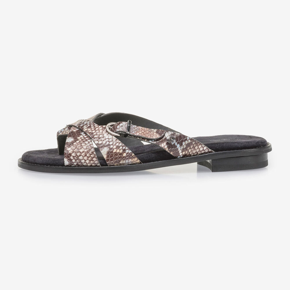 Bruin/witte leren slipper met snakeprint