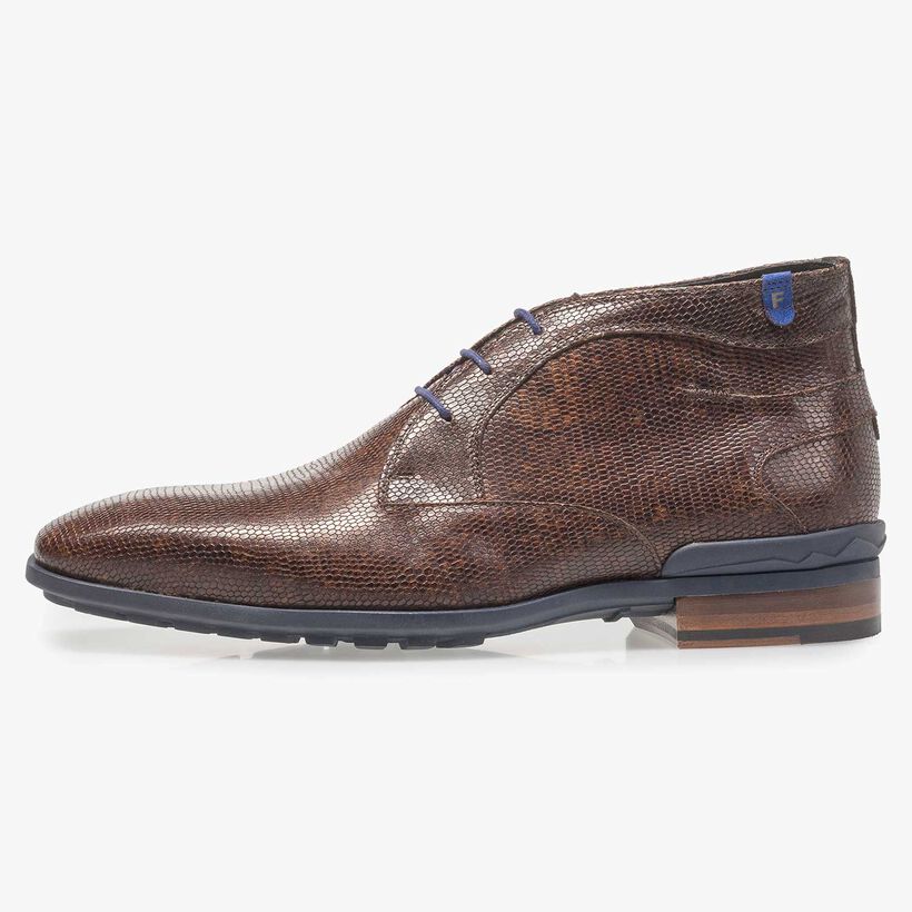 Donkerbruine leren veterboot met lizardprint