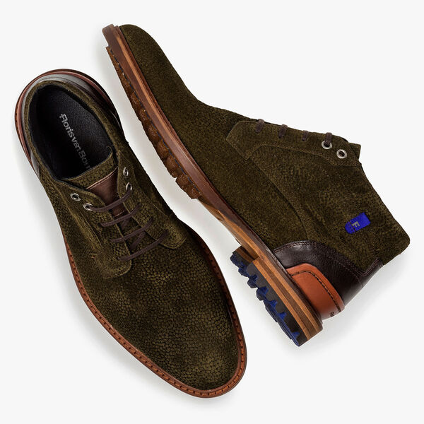 Olijfgroene su&egrave;de veterboot met print