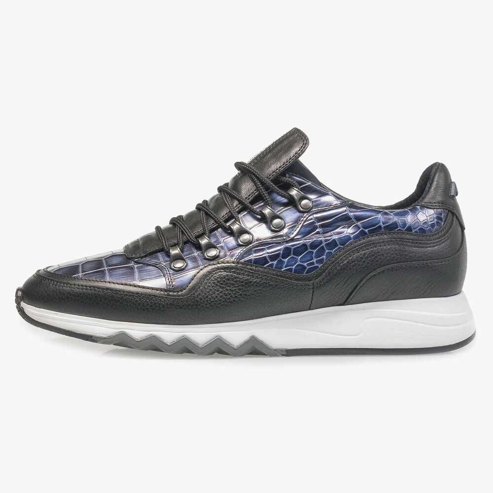 Premium blauwe metallic leren sneaker met print