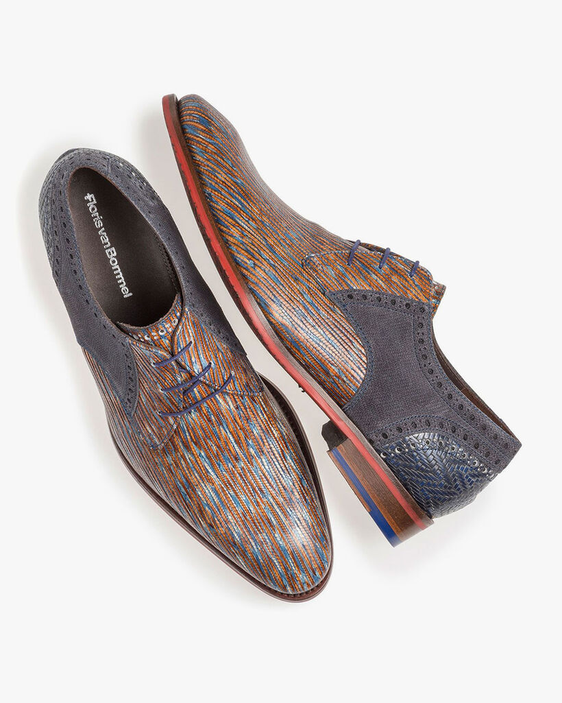 Blauw/rood leren veterschoen met lizardprint