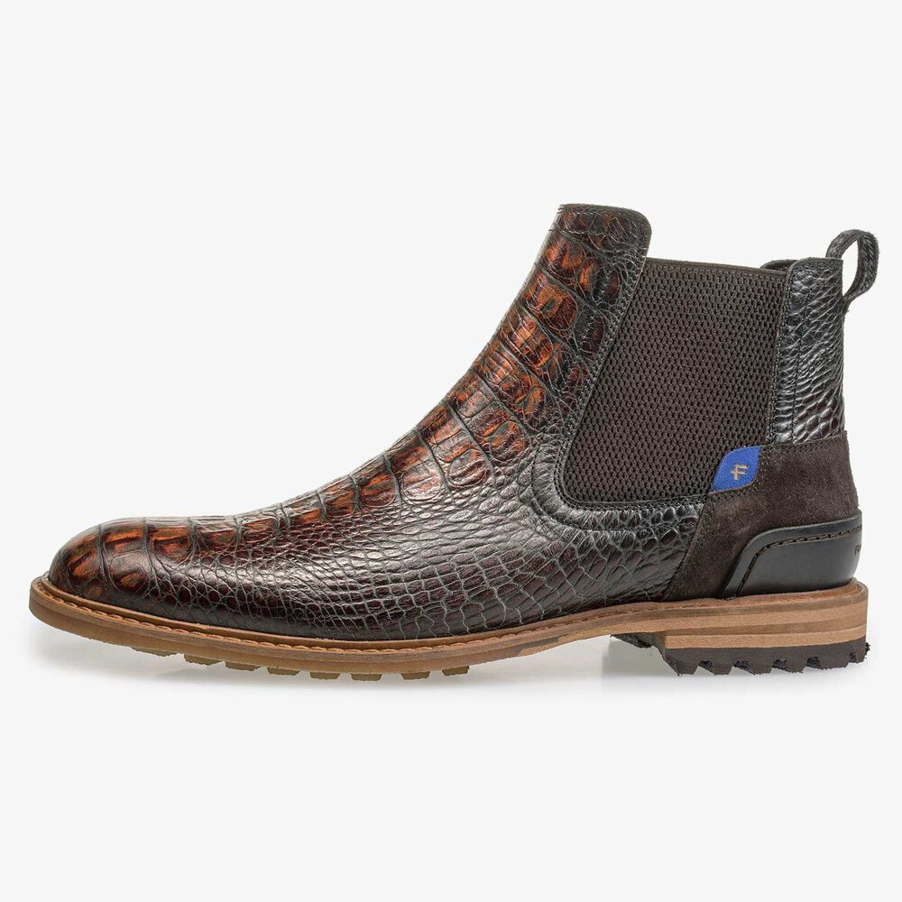 Bruine kalfsleren chelsea boot met crocoprint