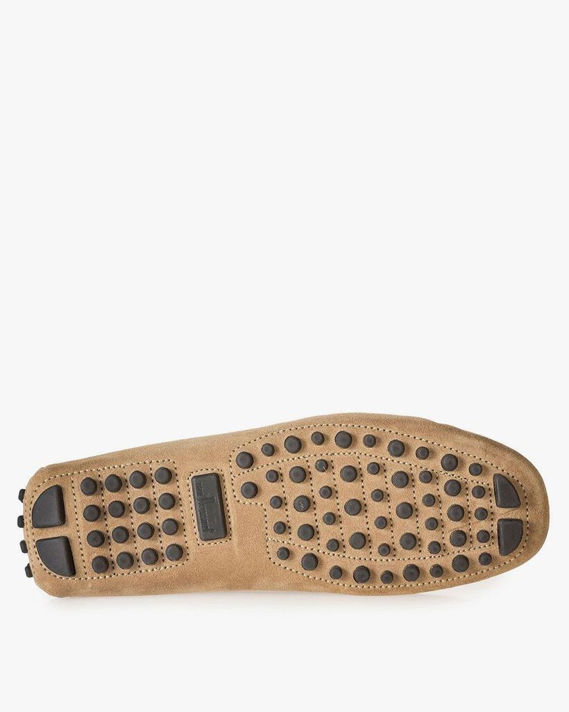 Taupe-coloured suede leather moccasin