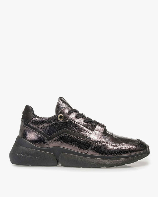 Donkergrijze leren sneaker met metallicprint