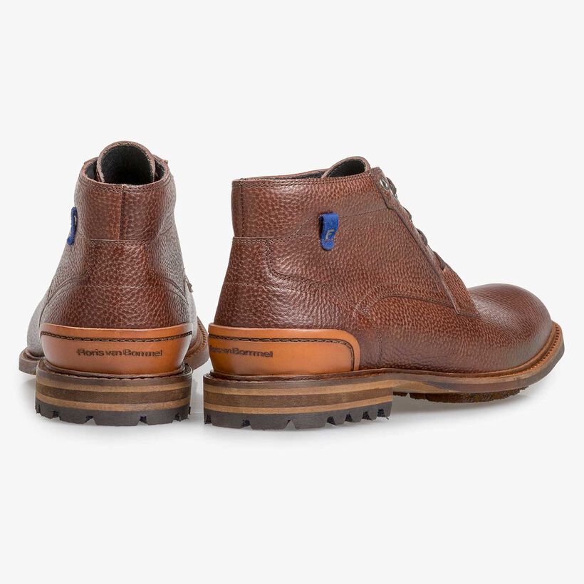 Cognac-coloured printed leather lace boot