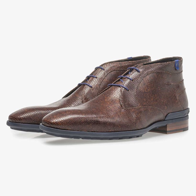 Donkerbruine leren veterboot met lizardprint