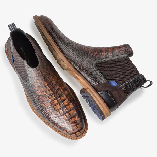 Bruine kalfsleren chelsea boot met crocoprint