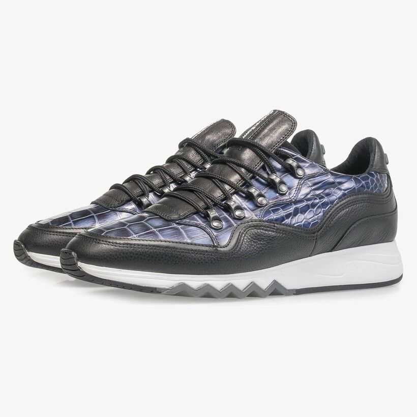 Premium blauwe metallic leren sneaker met print