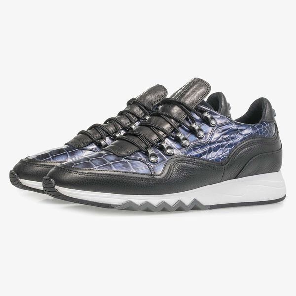 Premium blauwe metallic leren sneaker met print