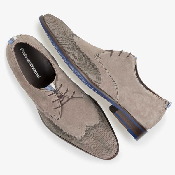 Taupe-coloured calf suede leather lace shoe with a laser-cut pattern