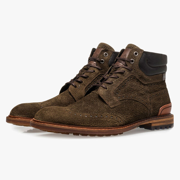 Olive green suede lace boot with print