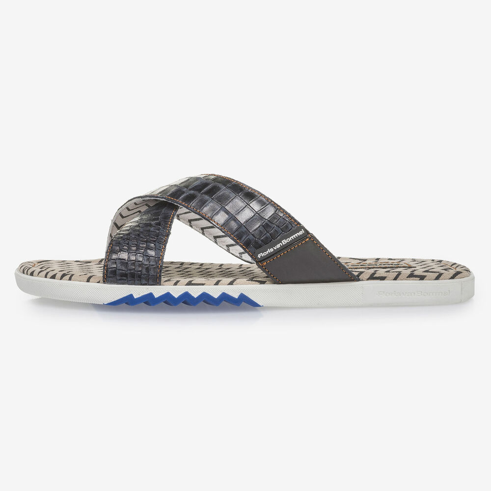 Donkerblauwe nubuckleren kruisband slipper met print