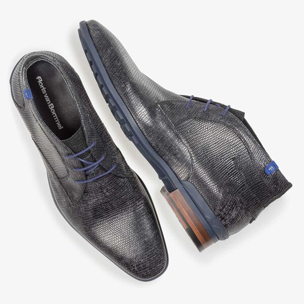 Black leather lace boot with lizard print
