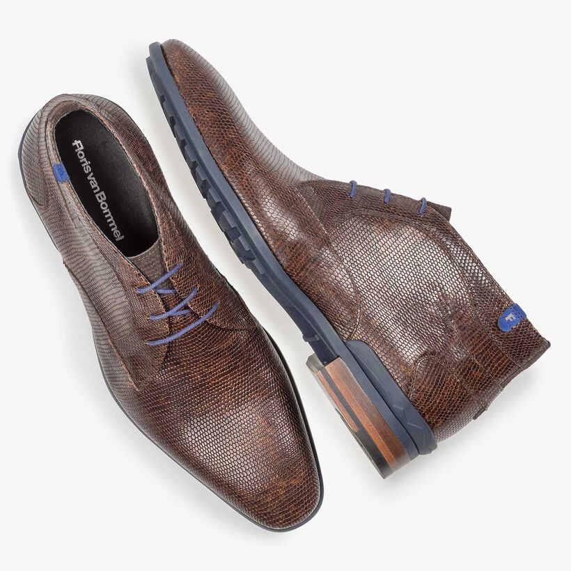 Donkerbruine leren veterboot met lizardprint