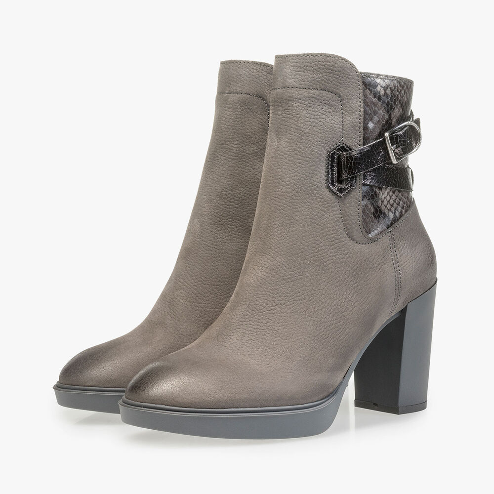 Grijze nubuckleren enkellaars met snakeprint
