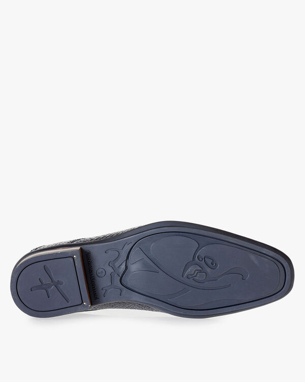 Donkerblauwe nubuckleren veterschoen met snakeprint