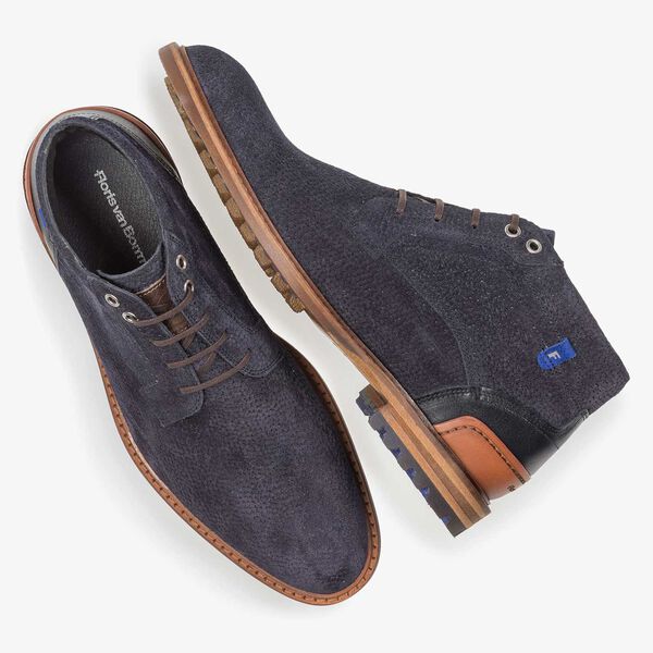 Dark blue printed suede leather lace boot