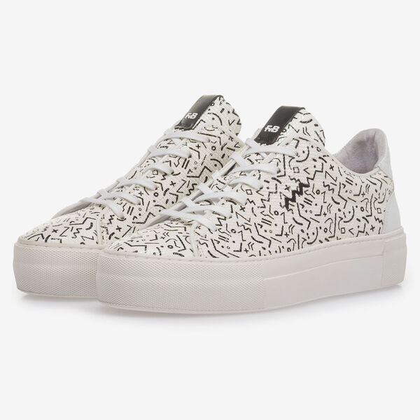 White leather sneaker with black print