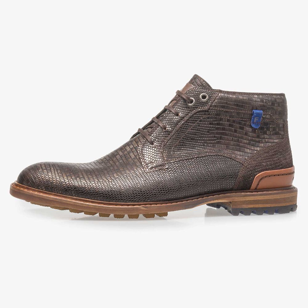 Donkerbruine leren veterboot met lizardprint