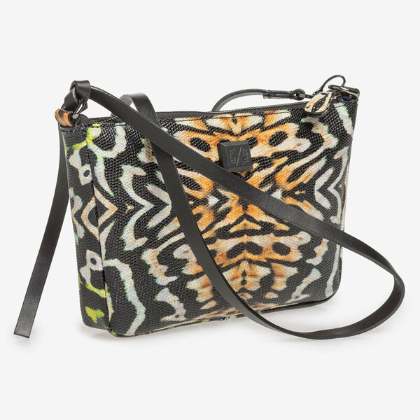 Black leather bag with orange-coloured print