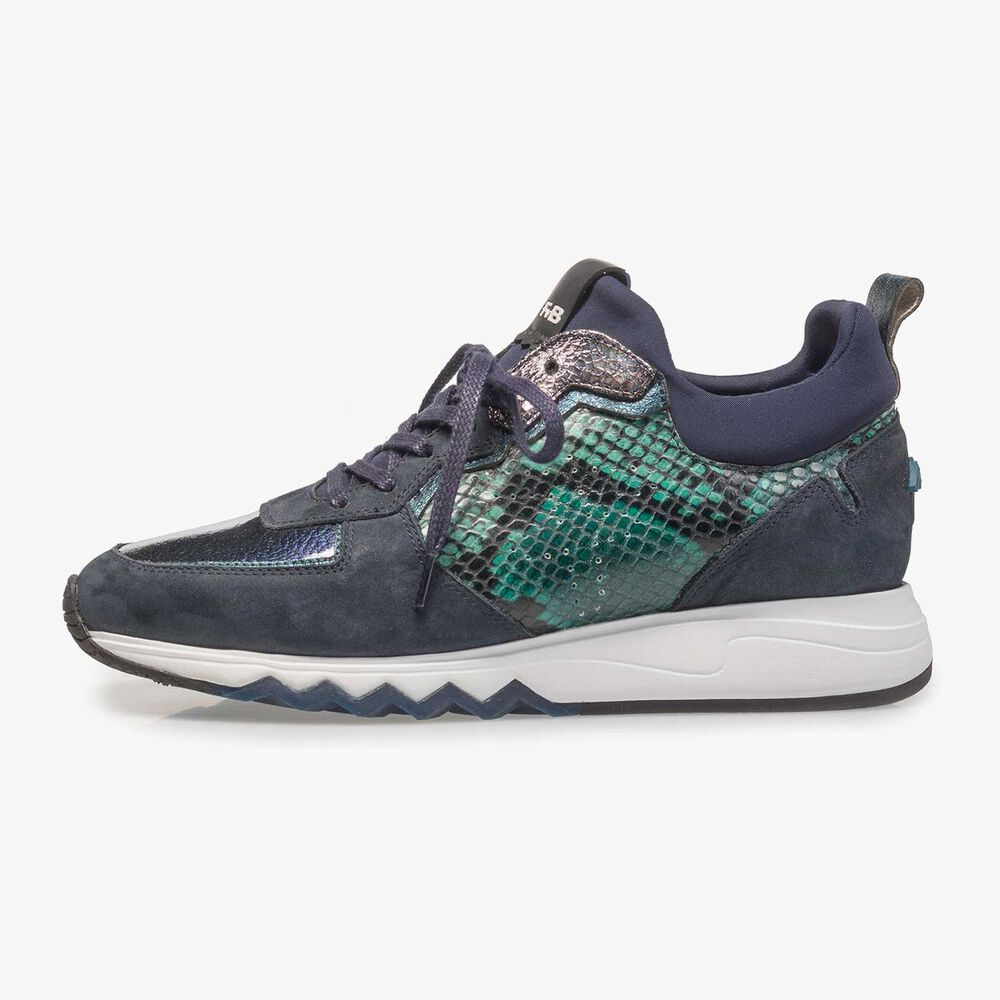 Donkerblauwe su&egrave;de sneaker met print