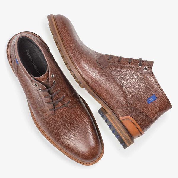 Cognac-coloured printed leather lace boot