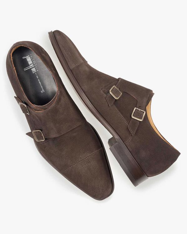 Dark brown calf suede leather monk strap