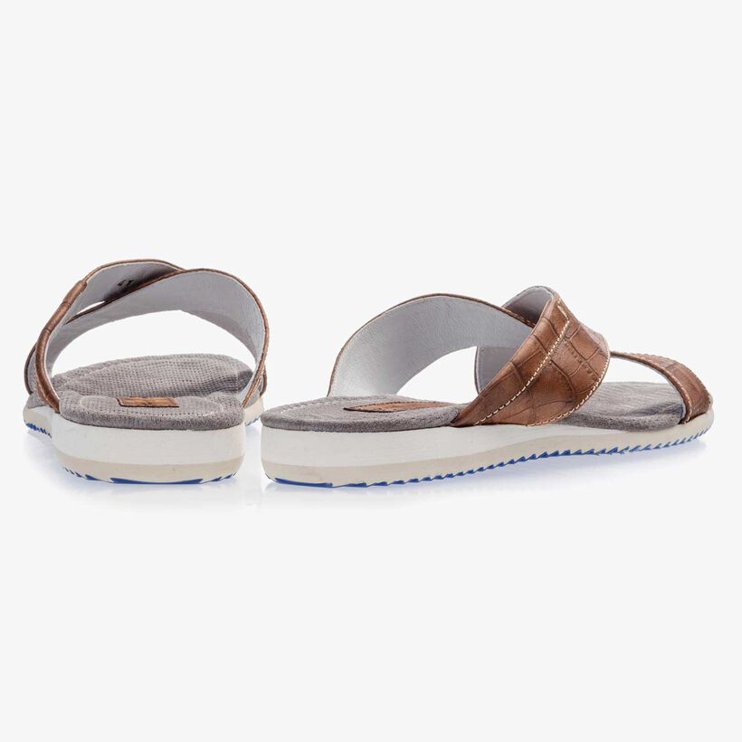 Cognackleurige leren kruisband slipper met crocopint