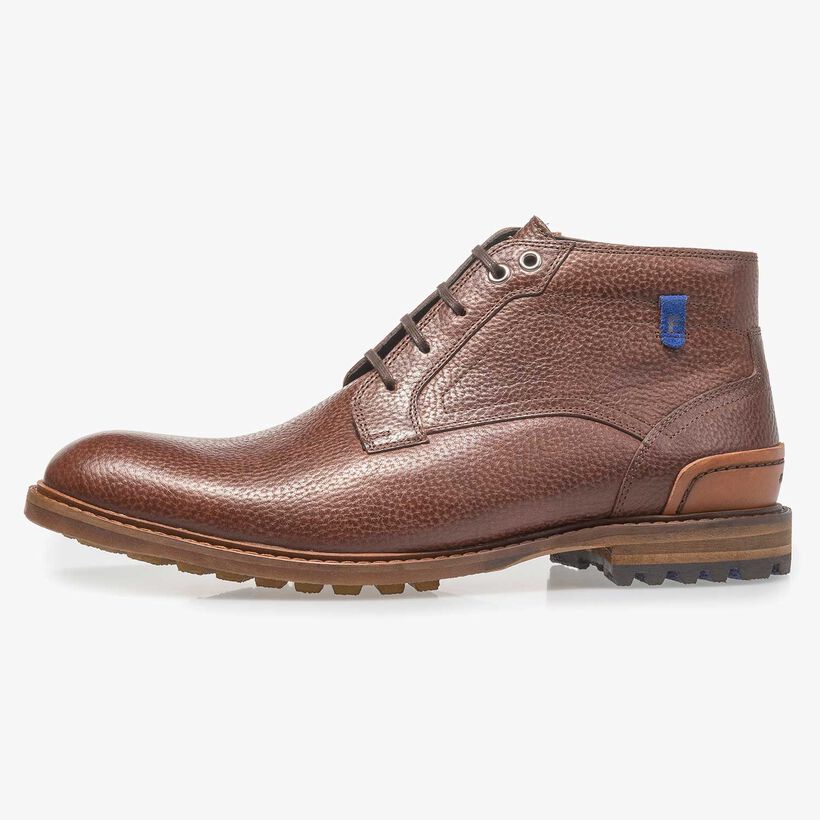 Cognac-coloured printed leather lace boot