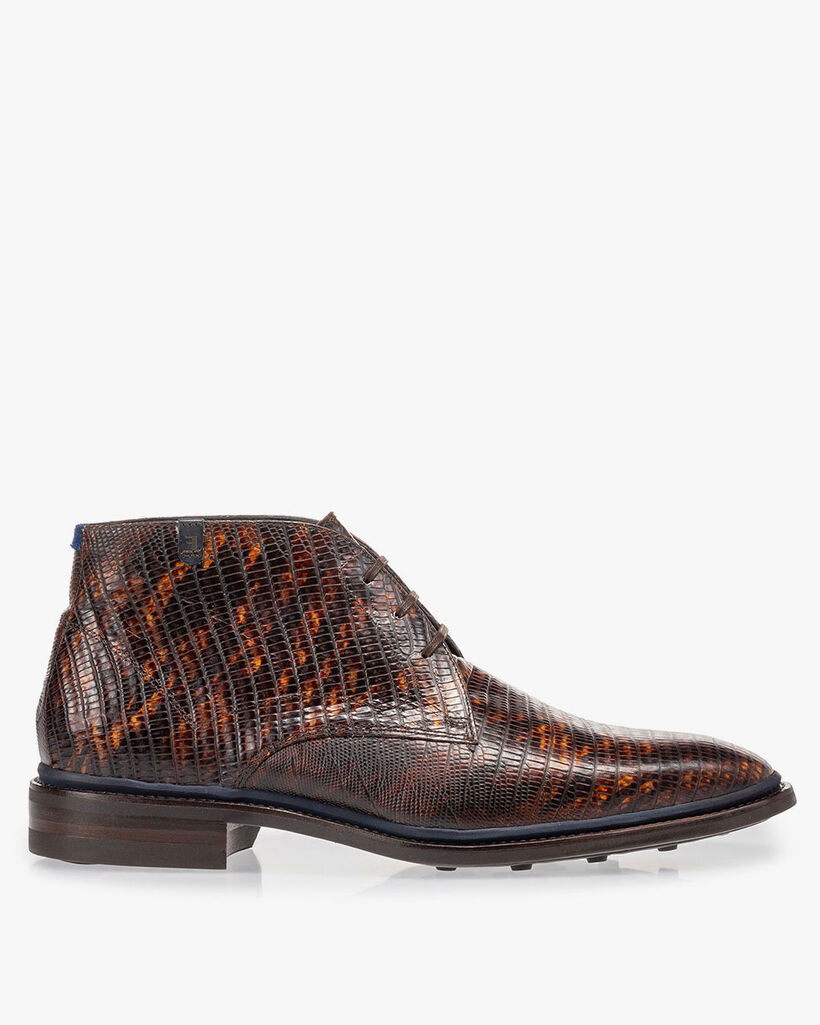 Lace boot lizard print cognac