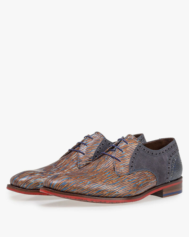 Blauw/rood leren veterschoen met lizardprint