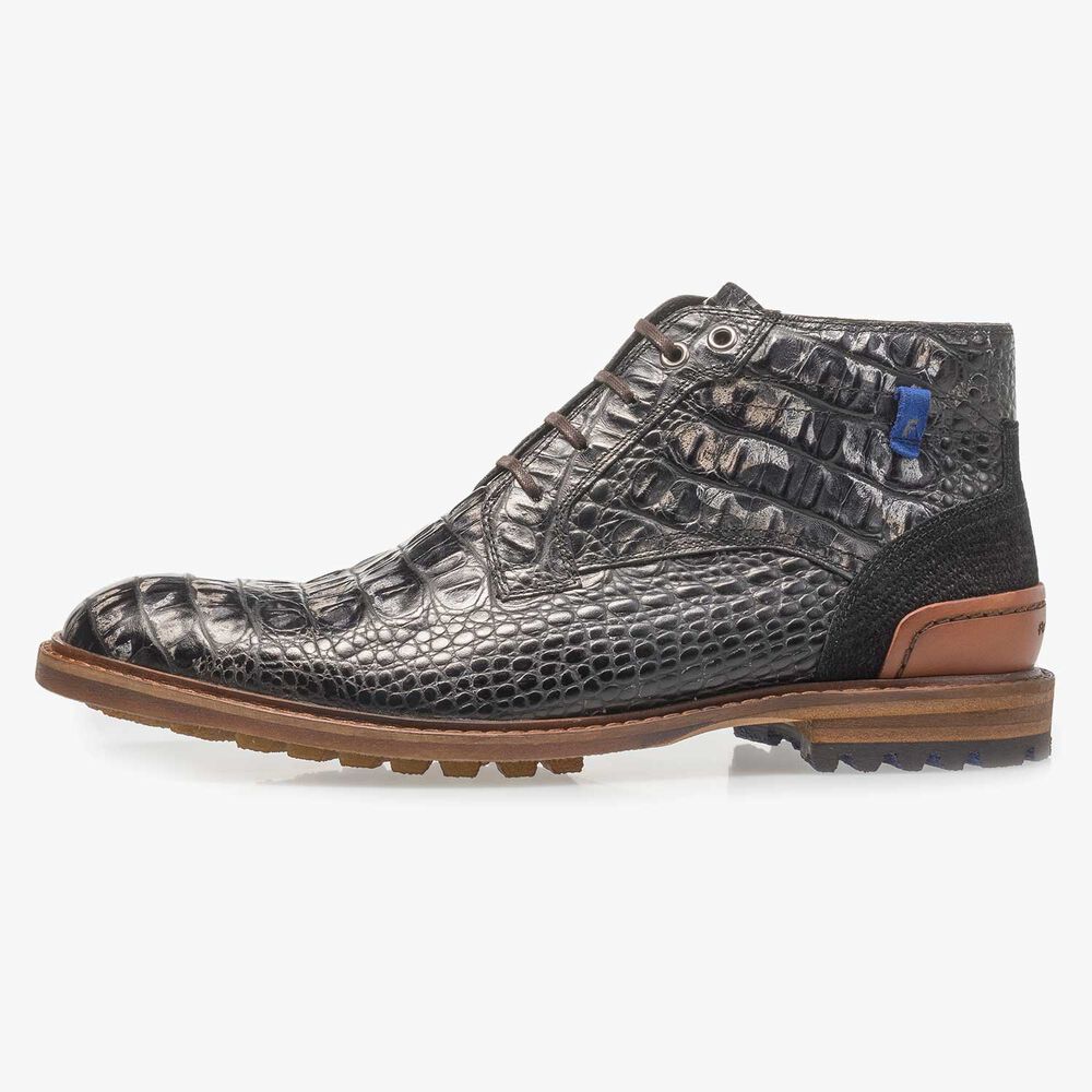 Zwarte leren veterboot met crocoprint