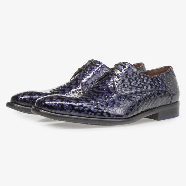 Premium blue printed patent leather lace shoe
