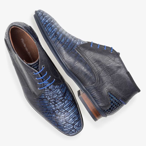 Blauwe kalfsleren veterschoen met lizardprint