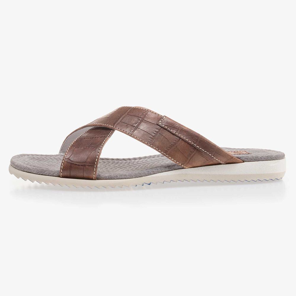 Cognackleurige leren kruisband slipper met crocopint