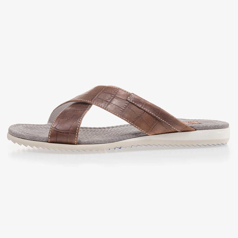 Cognackleurige leren kruisband slipper met crocopint