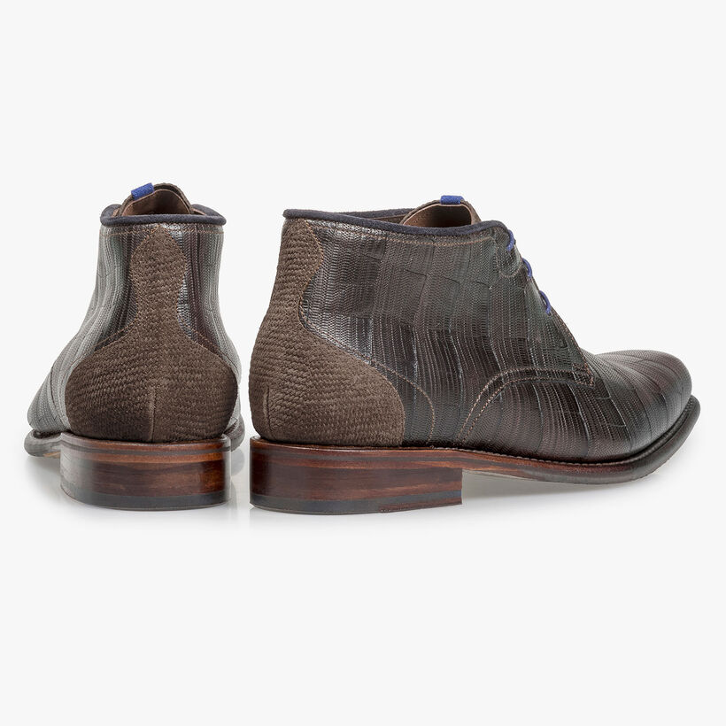 Dark brown calf leather lace boot with print