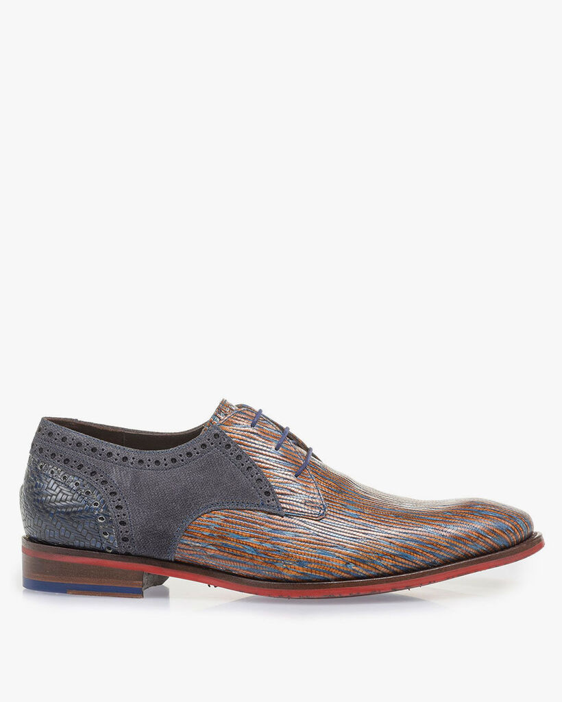 Blauw/rood leren veterschoen met lizardprint